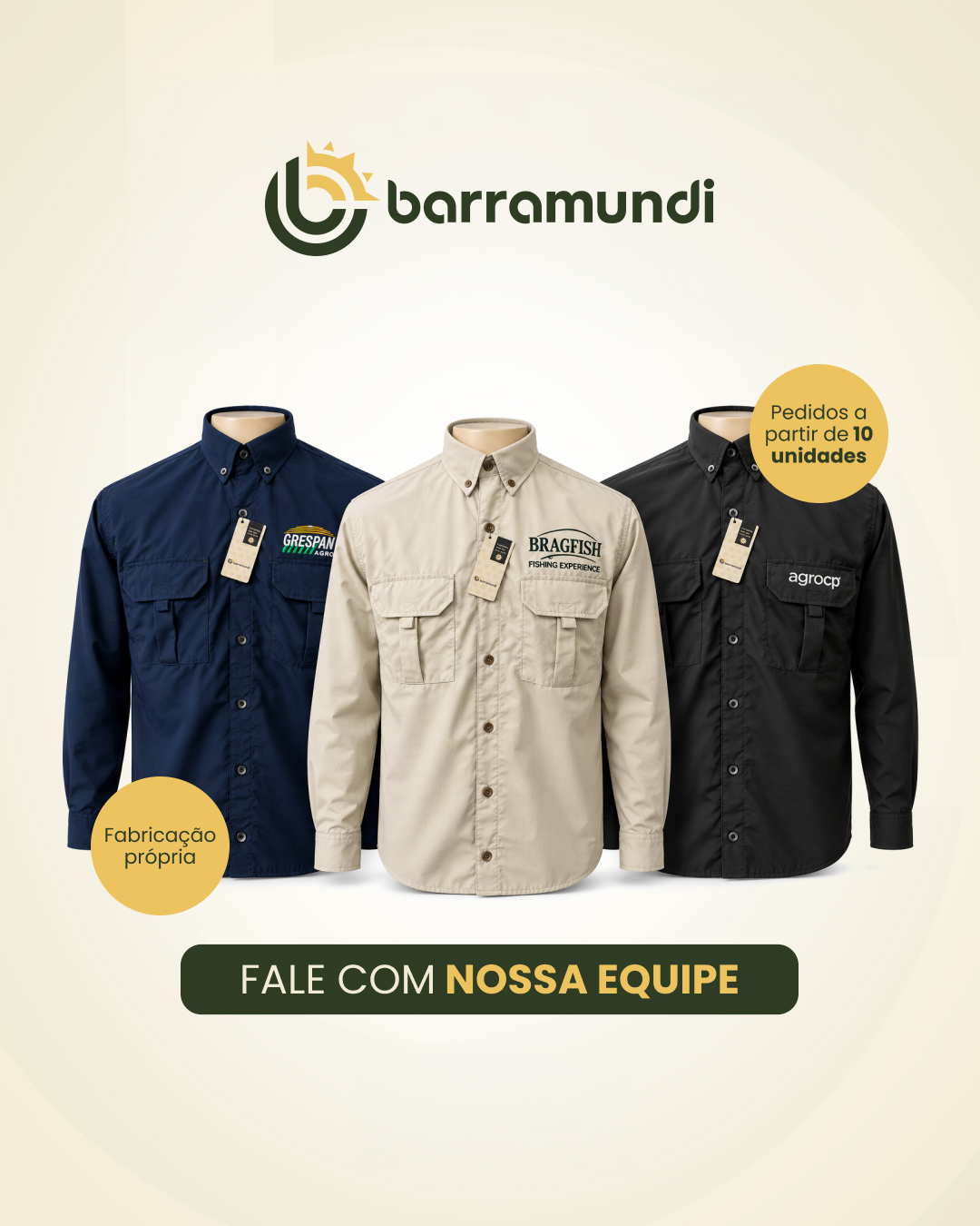 Três camisas Barramundi com bordados de clientes: Grespan Agro, Bragfish e Agrocp. Pedidos a partir de 10 unidades, fabricação própria.